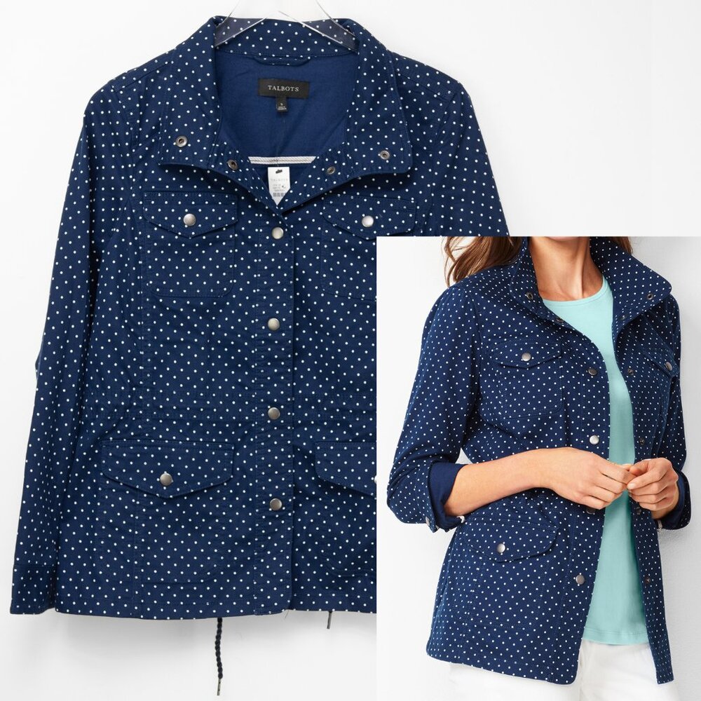 Talbots Casual Drawcord Jacket Polka Dot SnapFront Blue White Size Small New